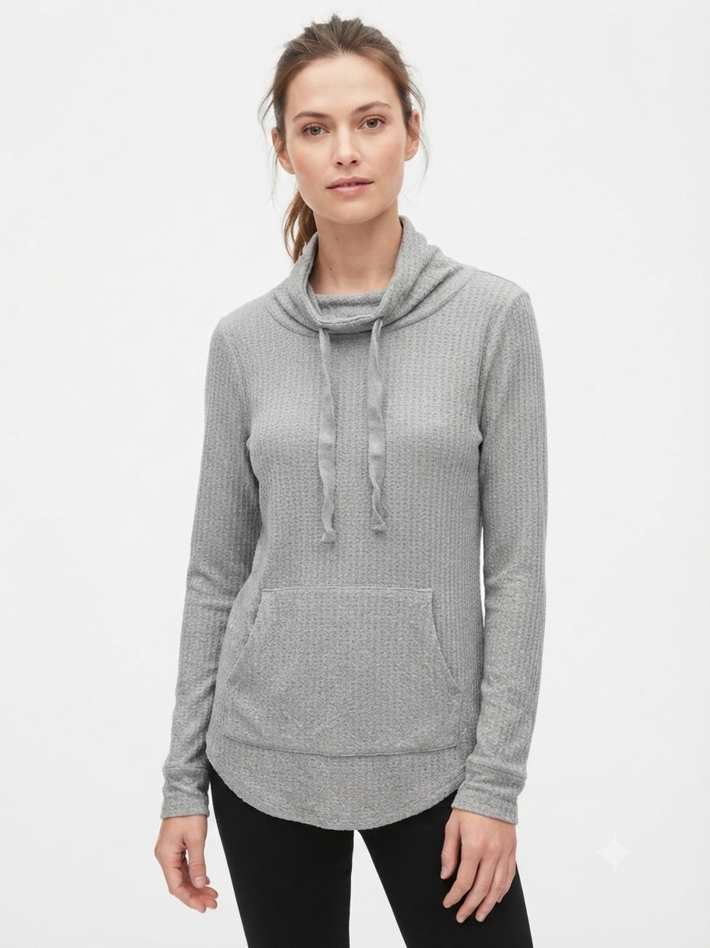 Chaser Gray Waffle Cowl-Neck Pullover with Kangaroo Pocket